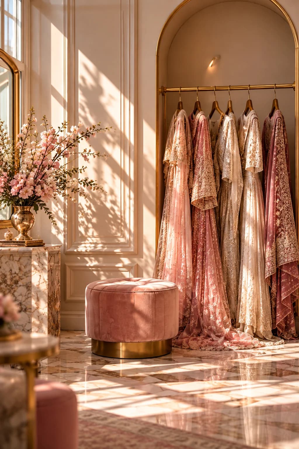 Smrithi's consultation lounge with velvet ottoman and bespoke bridal gowns