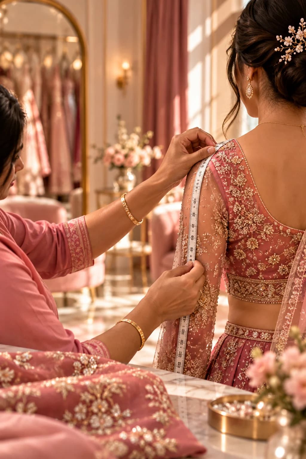 Master artisan taking precise measurements for custom embroidered bridal blouse