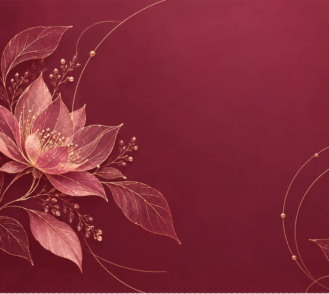 Rose gold floral motif illustration on deep burgundy canvas