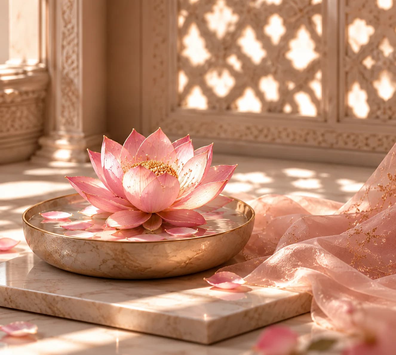 Fresh pink lotus flower in a marble bowl with embroidered silk fabric