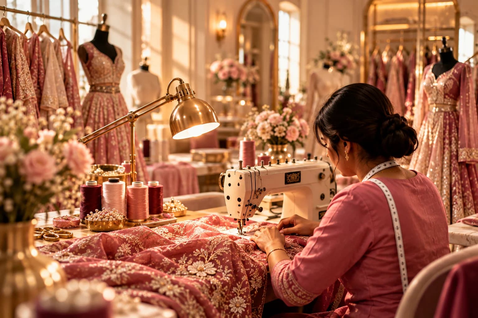 Artisan tailor stitching bespoke embroidered wedding attire at a workshop sewing machine