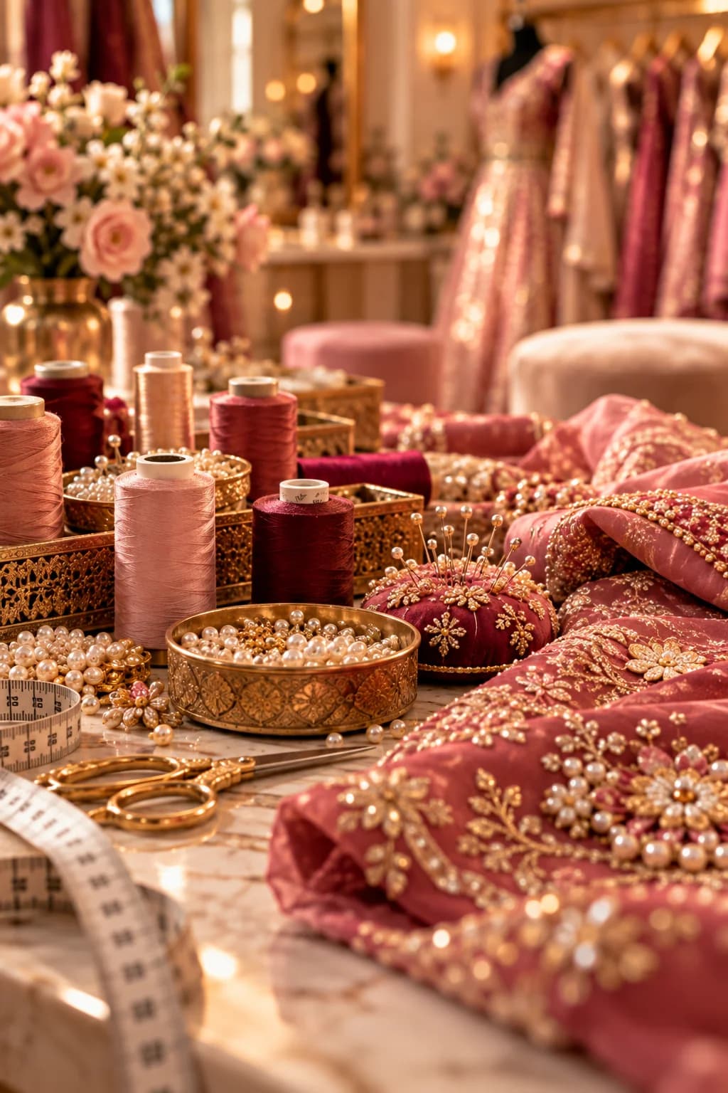 Tailoring materials, silk thread spools, pearls, and embroidered bridal fabric on table