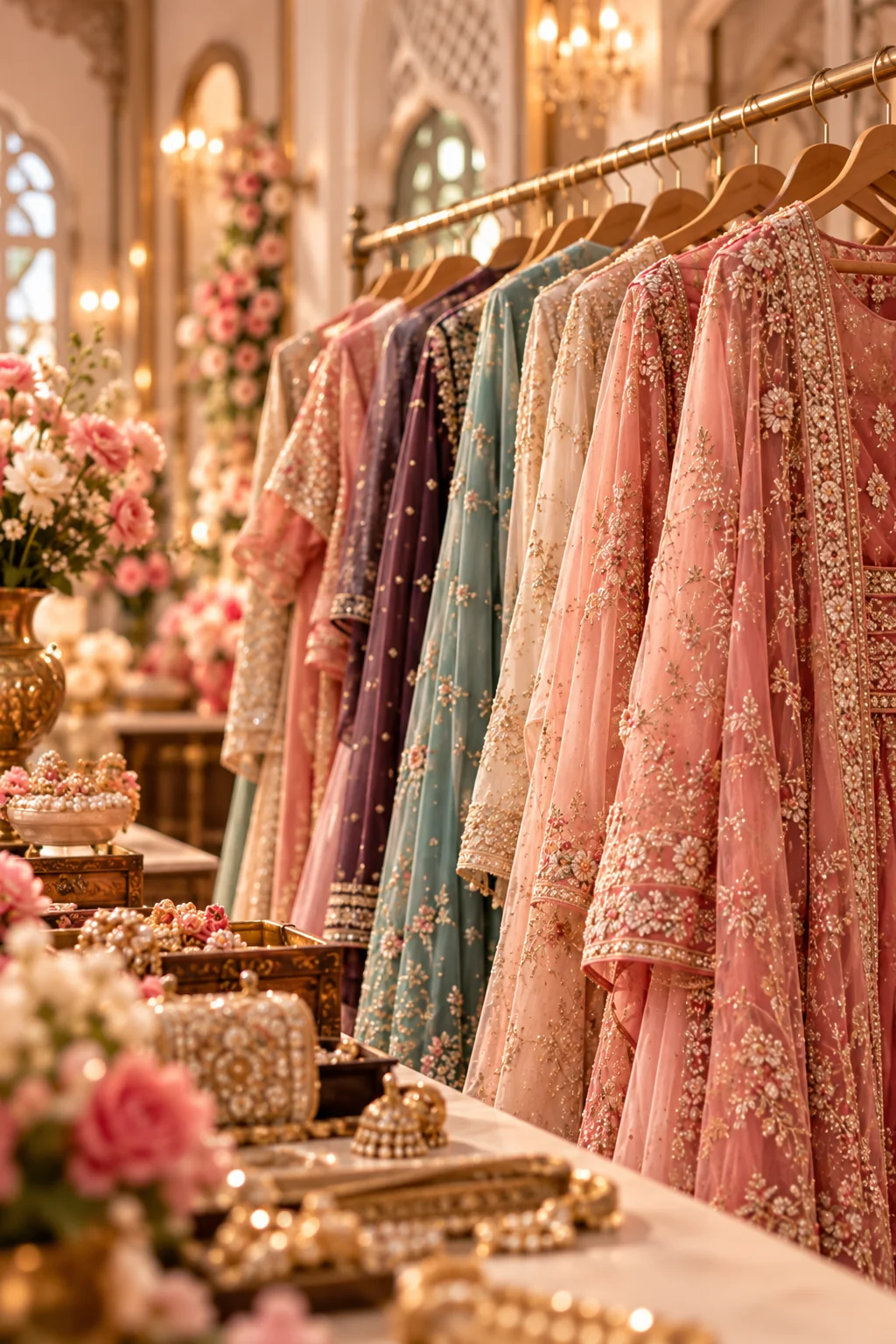 Designer festive sarees and embellished dresses on boutique display racks