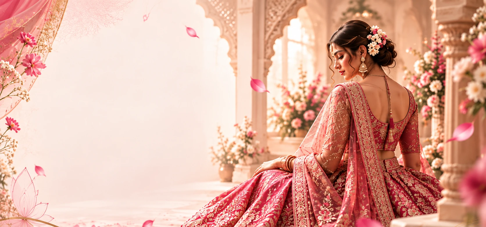 Bride adorned in bespoke crimson and gold embroidered bridal lehenga in an elegant courtyard