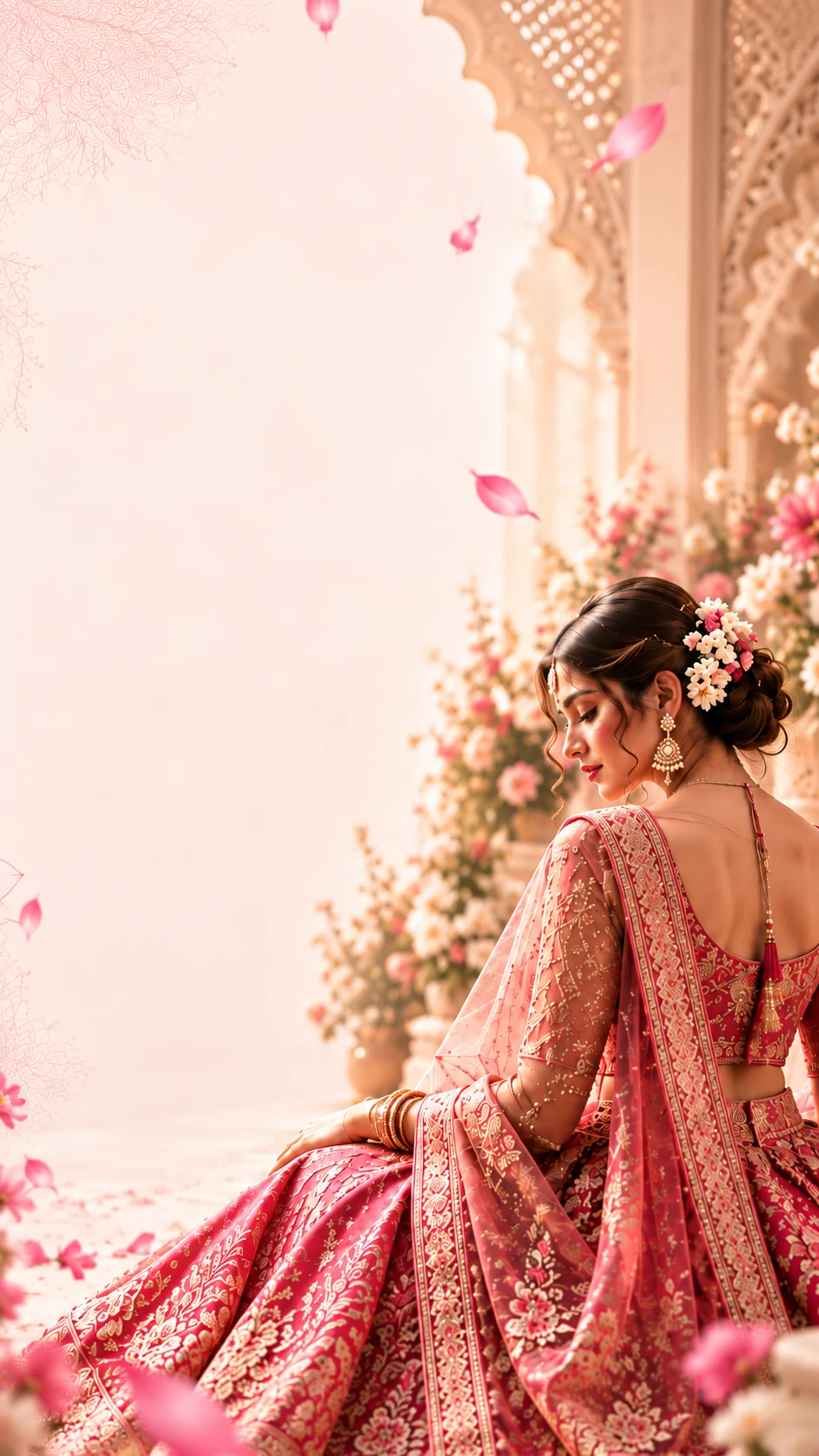 Bride adorned in bespoke crimson and gold embroidered bridal lehenga in an elegant courtyard